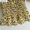 Kvinnor Vintage Square Collar Leopard Print Elastisk Smock Blus Kvinna Puff Sleeve Slim Shirt Chic Blusas Tops LS7646 210420