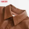 Tangada Women brown faux leather jacket coat with slash Ladies Long Sleeve loose oversize boy friend Coat 3H120 210609