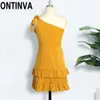 Ladies Cute One Shoulder Dresses Bow Tie Orange Color White Dot Print Summer Mini Cake A Line Dress with Ruffles Trim 210527