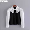 Zevity Mujeres Sweet Bow Decoración Negro Blanco Patchwork Smock Blusa Oficina Damas Plisadas Camisas Casuales Chic Blusas Tops LS7418 210603