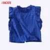 Tangada Women Blue Haft Romantyczna bluzka bluzka Backless Ruffles Sleeve Chic Kobiet Koszula Topy 6H81 210609