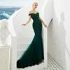 Elegant Dark green Mermaid Prom Dresses Off Shoulder Lace robe de bal longue Train Sexy