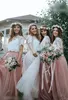 Two Pieces Wedding Party Dress 2021 A Line Crew Neck Pearl Pink Blush Bridesmaid Dresses Lace Bodice Beach Garden Honor of Maid Formal Event Short Sleeve Floor Length