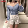 Tangada Women Retro Blue Palid Pleated Off Shoulder Blouse Shirt Puff Long Sleeve Chic Female Shirt Tops 3H454 210609