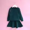 Beading Knitted Girl Clothing Sets Solid Color Long Sleeve Sweater+Skirt 2pcs Outfits Baby Clothes 2-6Y B64 210610