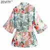 Zevity Dames Vintage Doek Patchwork Print Sjerpen Kimono Kiel Blouse Vrouwelijke Zijsplit Vesten Shirts Chic Blusas Tops LS9400 210603