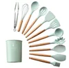 newSilicone Kitchen Tools With Wooden Handle 12 Pcs Set Non-sStick Pan Spade Leak Spade Soup Spoon Cooking Oil Brush Kitchen Utensils EWC695