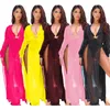 Womens Chiffon Long Sleeve Solid Deep V-Neck Solid Maxi Dress Unique Loose Summer Boho Dresses 5 Colour Select Size (S-2XL)