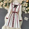 High Quality Autumn Winter Korean Striped Patchwork Knitted Sweater Dress Women Slim Button Vintage Party Christmas Robe 210514