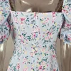 Puff Sleeve Floral Print Summer Dresses for Women Vintage Blue Beach Holiday Boho Short Dress Flower French Harujuku Dress 210415