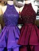 Türkisgrünes Satin-Abiballkleid mit Neckholder, ärmellos, Kristallband, Rüschen, Schlüsselloch-Rücken, kurzes Abschlussball-Partykleid, Cocktailkleid