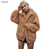 Vårkvinnor Casual Loose Plush Jacket Vintage Stand Collar Imitation Fur Långärmad Coat Warm Zipper Solid Outwear 210430