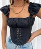 Sexy Retour Zipper Slash Collier Ruché Oeillets Croix Laçage Débardeurs Femmes Été À Manches Courtes Crop Top Streetwear Tees 210429