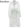 Korobov Vintage Solid Långärmad Kvinnor Klänning Koreanska StreetWear High Waist Dresses Sommar Ruffles Nya Vestidos 210430