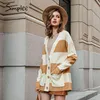 Vintage striped knitted cardigan women Autumn winter long sweater female Casual pockets loose lady yellow cardigans 210414