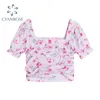 Zoete stijl gewas vrouwen blouses zomer korte mouw vierkante kraag bloemen print gedrapeerde shirts vrouwelijke losse zomer Koreaanse ins top 210417