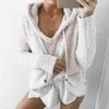 Höst topp kvinnor casual mohair hooded pullovers v neck fleece tröja mode söt lös varm vinter mohair toppar pullover 210518