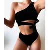 Sexy Bikini Frauen Hohe Taille Badeanzug Eine Schulter Swimwear Bandeau Badeanzug Druck Strand Tragen Feste Biquini Set Weibliche 210621