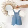 Abito estivo da ragazza Bowknot Vestito con cinturino in denim Camicia a maniche a sbuffo alla moda per bambini Set dolce Abbigliamento per bambini Abiti da ragazza