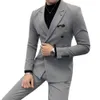 Men Double Breasted Two Piece Suit Coat Set Slim Fashion New Business Casual Jacket British Style Wedding Dress Blazers Pants X0909