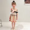 cute designer kids princess dress INS children plaid short sleeve dresses summer baby girls Lace bowknot pleated party clothes S1837