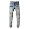 Men's Vintage Ripped Stretch Cotton Denim Biker Jeans Slim Fit Pleated Pants for Motorcycle Fashion