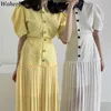 Vintage Puff Sleeve Blouse + High Waist Pleated Skirts Women Fashion Two Peices Long Skirt Sets Summer Elegant Outfits 210519