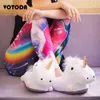 Chinelos de desenhos animados para casa de inverno feminino fofos unicórnio sapatos peludos para ambientes internos planos e aconchegantes chinelos de algodão femininos de pelúcia