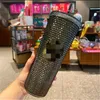 مرصع بارد مع شعار Tumbler Cup 24oz 710ml جدار مزدوج توهج غير لامع في البلاستيك القهوة الظلام مع القش