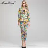 Moda Tasarımcısı Set Sonbahar Kadınlar Uzun Kollu Suit Tops + 3/4 Pantolon Barok Vintage Baskı Pretty İki Parçalı Set 210524
