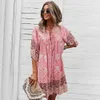 Mini Kobiety Beach Boho Sukienka Lato Kwiatowy Druku Luźna Sukienka Sexy V Neck Boho Beach Krótki Rękaw A Linia Sun Dress Vestido 210514