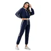 Femmes Casual Sports Suit Mode Sritped Cordon Haut Et Pantalon Long Deux Pièces Ensemble À Capuche Solide Survêtement Ensemble Dames Automne 210412