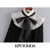 KPYTOMOA Kvinnor Mode Organza Patchwork Ruffled Stickad Sweater Vintage High Collar Bow Bundet Kvinna Pullovers Chic Toppar 210805