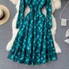 Vår Retro Fashion Streetwear Midi Dress Lace Broderi Leaf Dress Kvinnor Koreansk Långärmad O Neck A-Line Dresses 210521