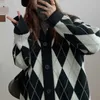 Argyle Cardigan Dames Gebreide trui Losse Single Breasted Studenten V-hals Mooie Knitwear Koreaanse Oversize Winter Tops 210914