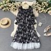Mesh patchwork bedrukte jurk vrouwen zomer vierkante kraag elastische taille lange mouwen mid-claf eveing ​​jurken 210427