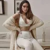 Kolsuz V Yaka Kırpma Tops Tayt 2 Parça Set Kış Kadın Moda Streetwear Kıyafetler Spor Giyim Eşofman 211119