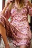 BOHO Allacciatura scollo a V Abito manica lunga con stampa floreale rosa Vacanza Donna Orlo a pieghe impiombato Abiti lunghi Beach Vestido 210429