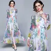 Women Summer Designer Elegant Foral Printed Shirt Dress Long Sleeve Casual Party Robe Ladies Vintage Chiffon Maxi Dress Vestidos 210525