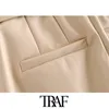 TRAF女性ヴィンテージスタイリッシュなオフィスウェアPUフェイクレザーベルトパンツファッションハイウエストジッパーフライ女性ズボンパンタロン210415