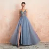 Sexy Spaghetti Straps Evening Dresses 2021 New Arrival V-Neck Rhinestones Beading Formal Prom Gowns wiath Slit robe de soiree