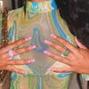 スルーメッシュセクシードレス女性長袖夏のビーチドレスカラフルなプリント弾性クラブパーティーボディコンミニドレス210625
