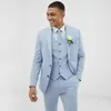 ライトブルーの結婚式の男性スリムフィットリネンタキシード新郎を着用Terno 3個（ジャケット+パンツ+ベスト）Bruderoom Blazer Costume Homme Men's Bla