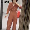 vintage Casual Double Breasted Fashion Print jumpsuit women trousers Loose Comfortable long sleeve Jumpsuits Autumn 210427