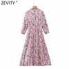 Women Sweet Agaric Lace Pink Floral Print Casual Pleated Midi Dress Female Three Quarter Sleeve Party Vestido DS4910 210420