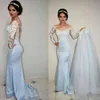 Satin Long 2022 Sleeves Dresses Sheer Crew Neckline Lace Appliques Overskirts Vintage Mermaid Prom Vestidos Evening Gowns
