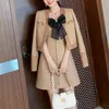 Kadınlar vintage tüvit ceket A-line elbise iki parçalı set haki yay T0482 210514