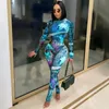 Mesh print sexy tweedelige set dames clubwear 2-delige outfits voor dames streetwear bodycon jumpsuit met lange mouwen + lange broek set