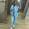FQLWL Streetwear Summer 2 Two Piece Sets Women Outfits Hooded Top Pants Suits Casual Sweatsuit Matching Set Blue Tracksuit Women Y0625