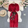 Mulheres Singreiny Elegante Vestido Francês V Pescoço Manga Curta Sashes Slim Office Vestidos Verão Moda Streetwear Split Midi Vestido 210419